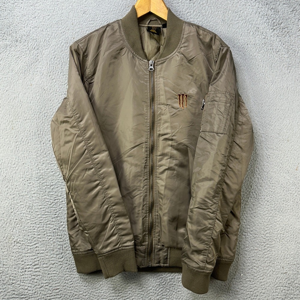 Java‎ Monster Mens Large Bomber Jacket Olive Green Zip Up Quilted Lined Logo EUC
